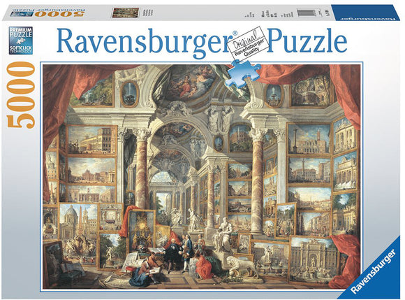Ravensburger jigsaw puzzle titled "Views of Modern Rome" featuring an intricate and colorful scene showcasing various iconic landmarks and artworks of Rome. The box contains 5000 pieces, highlighting premium quality and soft-click technology for seamless fitting. The artwork is rich in detail, portraying galleries filled with paintings, historic architecture, and lively figures.