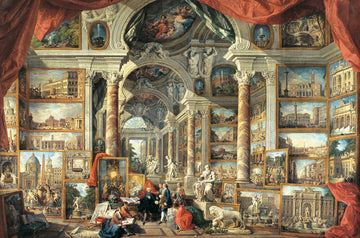 A beautifully illustrated jigsaw puzzle titled 'Views of Modern Rome' by Ravensburger. The image features a grand, ornate interior filled with paintings depicting various iconic locations and sculptures from Rome. The detailed artwork showcases architectural marvels and classical sculptures, creating a vibrant atmosphere that celebrates the beauty of Rome.