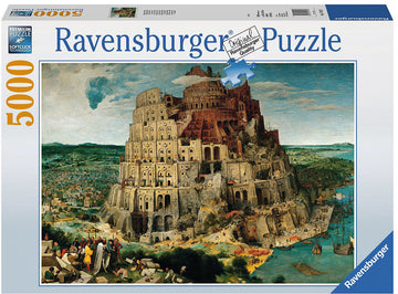Ravensburger jigsaw puzzle titled 'The Tower of Babel', featuring a detailed and colorful depiction of the iconic tower surrounded by various characters and landscapes. The puzzle contains 5000 pieces and is designed with premium quality materials, including Softclick technology for an effortless assembly experience.