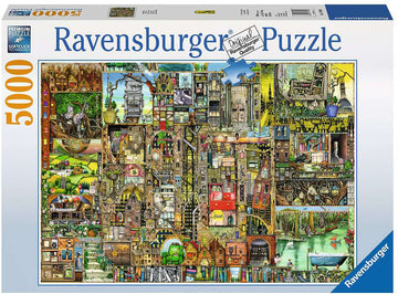 Bizarre Town jigsaw puzzle by Ravensburger featuring a vibrant and intricate collage of whimsical buildings, landscapes, and characters. The puzzle consists of 5000 pieces and showcases a detailed illustration filled with colorful scenes, making it a challenging yet enjoyable activity for puzzle enthusiasts.