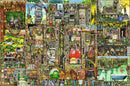 A colorful and intricate jigsaw puzzle titled 'Bizarre Town' by Ravensburger, featuring a whimsical depiction of various buildings, landscapes, and characters that create an enchanting town scene. The puzzle showcases diverse elements like a floating globe, cozy outdoor dining, and whimsical homes, inviting viewers to explore its vivid details.