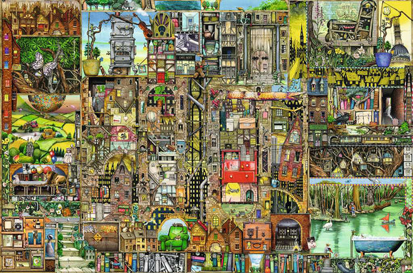 A colorful and intricate jigsaw puzzle titled 'Bizarre Town' by Ravensburger, featuring a whimsical depiction of various buildings, landscapes, and characters that create an enchanting town scene. The puzzle showcases diverse elements like a floating globe, cozy outdoor dining, and whimsical homes, inviting viewers to explore its vivid details.