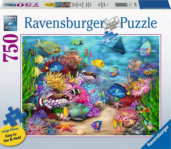 Costa Rica Reef Life jigsaw puzzle by Ravensburger featuring vibrant underwater scenes filled with colorful coral, diverse fish, and marine life. Designed with large pieces for easy handling, this 750-piece puzzle combines soothing imagery with premium quality, perfect for puzzle enthusiasts and nature lovers alike.