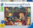 Ravensburger Dream Library Large Piece Puzzle featuring a cozy library scene with bookshelves, a comfortable seating area, and decorative elements such as a globe and flowering plants. The puzzle contains 500 large pieces that are easy to see and hold, perfect for puzzle enthusiasts.