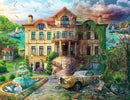 A visually captivating jigsaw puzzle titled 'Cove Manor Echoes' by Ravensburger, showcasing an intricately detailed mansion surrounded by lush greenery, a serene fountain, and scenic coastal views. The image features a vintage car, blooming flowers, and idyllic elements like swans and sailing boats, all under a dramatic sky.
