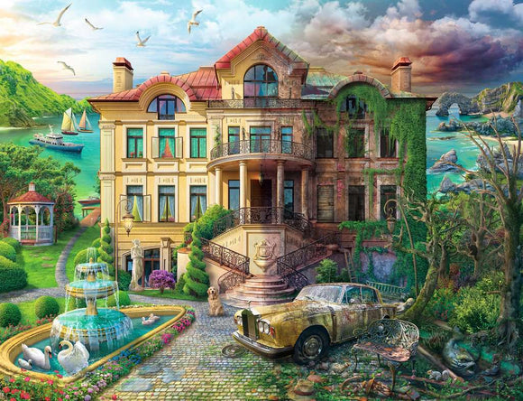 A visually captivating jigsaw puzzle titled 'Cove Manor Echoes' by Ravensburger, showcasing an intricately detailed mansion surrounded by lush greenery, a serene fountain, and scenic coastal views. The image features a vintage car, blooming flowers, and idyllic elements like swans and sailing boats, all under a dramatic sky.