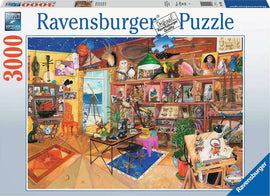 The Curious Collection 3000 piece jigsaw puzzle by Ravensburger, featuring a vibrant room filled with eclectic antiques, art supplies, and a view of the ocean. This detailed illustration showcases an array of curiosities, including a ship model, paintings, books, and various decorative items, perfect for puzzle enthusiasts seeking a challenge.