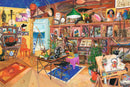 The Curious Collection 3000 piece jigsaw puzzle by Ravensburger showcases a vibrant and detailed room filled with eclectic items from nature and art. It features a variety of collectibles displayed on shelves, including vintage instruments, colorful birds, and framed pictures, with an inviting view of the sea through an open door. The room is adorned with rich colors and textures, creating a captivating scene for puzzle enthusiasts to explore.