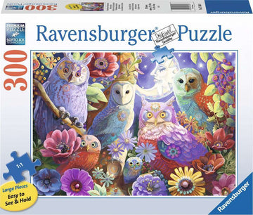 Ravensburger Night Owl Hoot Large Format Jigsaw Puzzle featuring colorful owls surrounded by vibrant flowers. This 300-piece puzzle is designed with large pieces that are easy to see and hold, ensuring a delightful assembly experience.