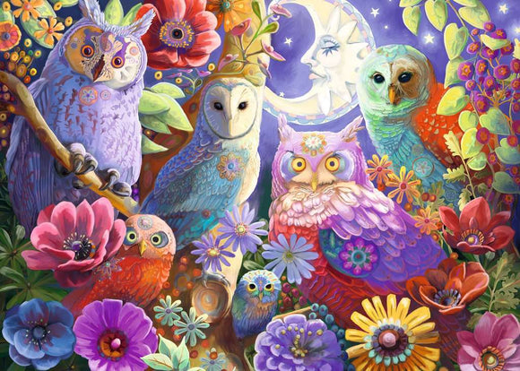 Colorful jigsaw puzzle featuring a group of whimsical owls surrounded by vibrant flowers and a crescent moon, designed by Ravensburger. This large format puzzle showcases intricate details in a magical forest setting.