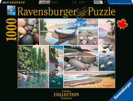 Ravensburger 1000-piece jigsaw puzzle titled 'West Coast Tranquility'. It features various serene landscapes of the Canadian West Coast with pebbles, vibrant trees, and calm waters, showcasing the beauty of nature.