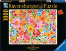 Ravensburger 1000-piece puzzle featuring a vibrant floral design, showcasing a variety of colorful flowers and small birds, part of the Canadian Collection. The box features the brand logo and indicates its premium quality and soft-click technology for an enjoyable puzzling experience.