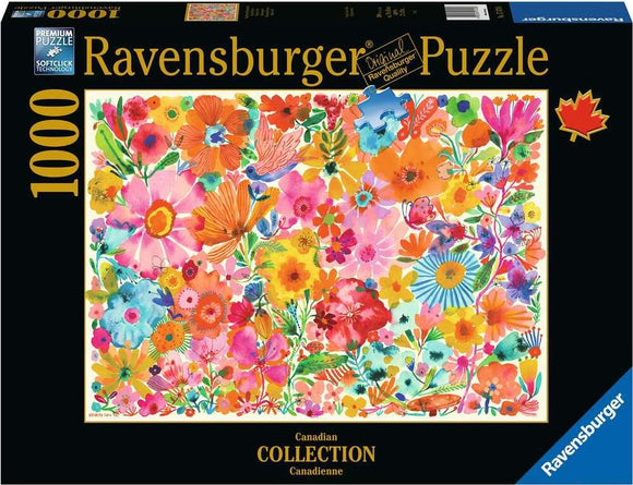 Ravensburger 1000-piece puzzle featuring a vibrant floral design, showcasing a variety of colorful flowers and small birds, part of the Canadian Collection. The box features the brand logo and indicates its premium quality and soft-click technology for an enjoyable puzzling experience.