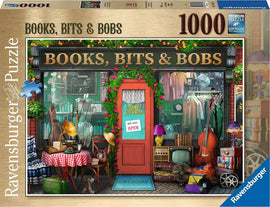 A vibrant jigsaw puzzle titled 'Books, Bits & Bobs' by Ravensburger, depicting a charming shop front filled with books, vintage items, and colorful decor. The scene features a red door with 'OPEN' signage, surrounded by lush greenery, furniture, and various collectibles, offering a warm, inviting atmosphere. The puzzle has 1000 pieces, perfect for family fun and enhancing creative skills.
