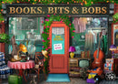 A colorful storefront labeled 'Books, Bits & Bobs'. The shop is adorned with plants and flowers, featuring a welcoming door and a variety of items displayed, including books, vintage clothing, musical instruments, and other collectibles, creating a charming and nostalgic atmosphere.