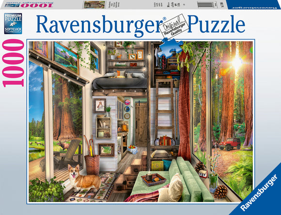 The Redwood Forest Tiny House jigsaw puzzle by Ravensburger showcases a cozy interior with a green sofa, a sleeping loft, and a picturesque view of towering redwood trees outside. The scene is lively with decorative elements, a playful corgi dog, and a vibrant natural setting visible through large windows, inviting you to relax and enjoy the beauty of nature.