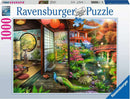 Ravensburger Japanese Garden Teahouse jigsaw puzzle featuring a serene interior of a traditional Japanese teahouse surrounded by lush gardens and a tranquil pond with koi fish. The vibrant colors capture the beauty of nature, featuring a peacock and decorative lanterns that enhance its charm. This 1000-piece puzzle combines intricate details and a peaceful setting, perfect for puzzle enthusiasts and nature lovers alike.