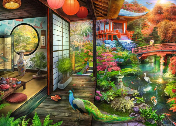 A beautifully illustrated jigsaw puzzle featuring a serene Japanese garden teahouse scene. The image showcases vibrant autumn foliage, a traditional teahouse, a picturesque red bridge, and peaceful water with koi fish. Intricate details include lanterns, peacocks, and lush plants, inviting relaxation and calm. Ideal for puzzle enthusiasts and lovers of Japanese culture.
