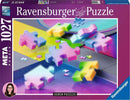 The Karen Puzzles Gradient Cascade META Puzzle by Ravensburger showcases a vibrant assortment of gradient-colored jigsaw pieces scattered across a colorful surface. The pieces come in various shapes and hues, creating an eye-catching and modern design, perfect for puzzle enthusiasts. The packaging highlights the premium quality and soft-click technology used for an enjoyable puzzle experience.