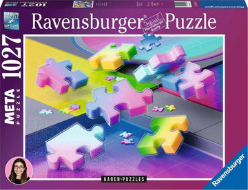 The Karen Puzzles Gradient Cascade META Puzzle by Ravensburger showcases a vibrant assortment of gradient-colored jigsaw pieces scattered across a colorful surface. The pieces come in various shapes and hues, creating an eye-catching and modern design, perfect for puzzle enthusiasts. The packaging highlights the premium quality and soft-click technology used for an enjoyable puzzle experience.