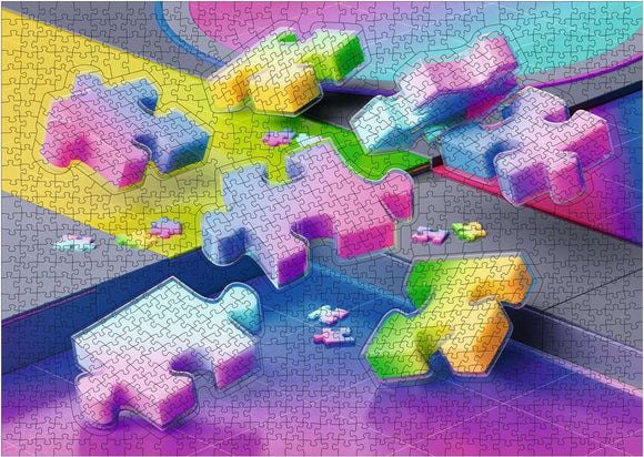 A colorful jigsaw puzzle featuring the Karen Puzzles Gradient Cascade META design by Ravensburger. The pieces are arranged in a vibrant gradient spectrum with a blend of pastel colors including pink, blue, green, and yellow. The unique shapes of the puzzle pieces create an engaging and dynamic visual appeal, showcasing the artistic design of the puzzle.