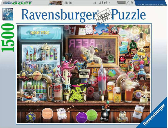 The Craft Beer Bonanza jigsaw puzzle by Ravensburger features an intricately detailed collage of beer labels, mugs, and a whimsical bar scene. With 1500 pieces, this vibrant puzzle showcases a variety of craft beers and fun characters against a colorful background, perfect for puzzle lovers and craft beer enthusiasts alike.