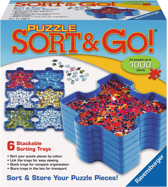 Ravensburger Puzzle Sort & Go! product packaging featuring six stackable sorting trays designed for organizing jigsaw puzzle pieces. The trays come in vibrant colors and can be linked for easy viewing. The packaging highlights features like sorting by color and storing trays for transport, ideal for puzzles up to 1000 pieces.