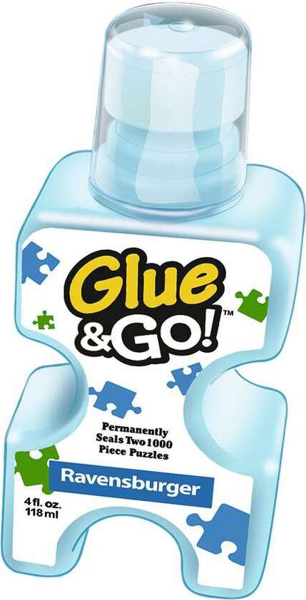 Bottle of Puzzle Glue & Go! by Ravensburger. The 4 fl. oz. bottle is designed to permanently seal two 1000-piece jigsaw puzzles. The packaging features vibrant colors, with the name 'Glue & Go!' prominently displayed and puzzle piece designs decorating the edges.