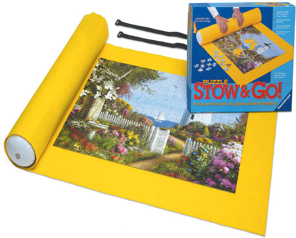 Puzzle Stow & Go! by Ravensburger is a convenient jigsaw puzzle storage solution featuring a vibrant yellow mat and an inflatable tube. It allows you to easily roll up and transport your partially completed puzzles, keeping them protected and organized.