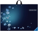 Ravensburger Puzzle Store Accessory featuring an elegant design with scattered jigsaw puzzle pieces against a deep blue background. The product has a convenient handle for easy transport and showcases the Ravensburger logo.