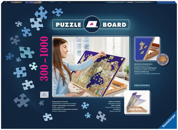 Ravensburger Wooden Puzzle Board featuring an ergonomic design with a non-slip velvet surface. The image shows a woman assembling a jigsaw puzzle on the board, which is adjustable for comfortable use. The board supports jigsaw puzzles ranging from 300 to 1000 pieces, making it suitable for various difficulty levels.