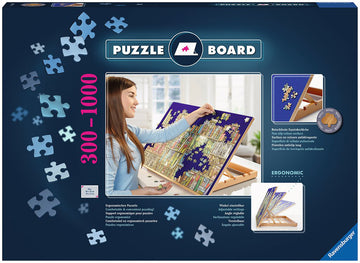 Wooden Puzzle Board by Ravensburger featuring an ergonomic design for comfortable puzzle assembly. The board has an anti-slip velvet surface and adjustable angle settings for optimal viewing. It accommodates jigsaw puzzles ranging from 300 to 1000 pieces. A woman is seen assembling a puzzle on the board, showcasing its functionality.