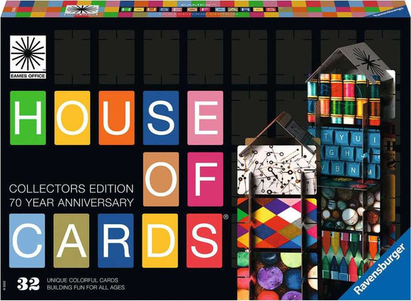 The Eames House of Cards jigsaw puzzle by Ravensburger features colorful, unique designs on each card. The packaging celebrates the 70-year anniversary of this collectors edition, showcasing a vibrant and playful assortment of cards ideal for building fun projects for all ages.