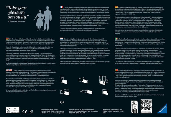 Eames House of Cards jigsaw puzzle by Ravensburger. This puzzle features intricately designed pieces inspired by the iconic designs of Charles and Ray Eames. Suitable for ages 6 and up, it offers an engaging and creative challenge for puzzle enthusiasts. The box showcases vivid images and details about the puzzle's design inspiration, making it a perfect addition to your collection or a thoughtful gift for design lovers.