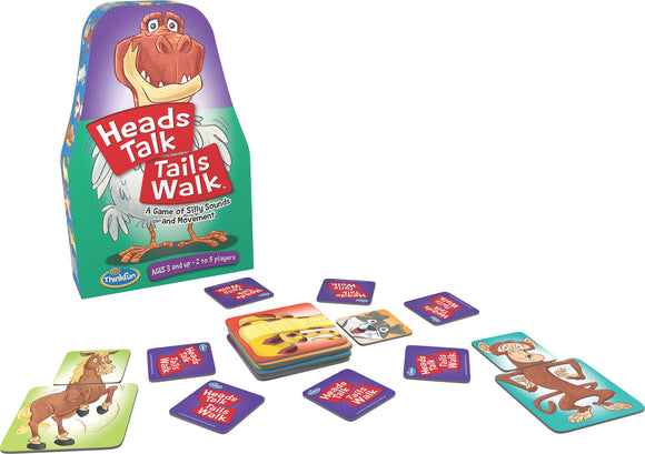 Heads Talk Tails Walk is a fun, interactive game by Think Fun designed for 2 to 5 players ages 3 and up. The colorful packaging features a cartoon bird, and the game includes cards illustrated with various animals, promoting silly sounds and playful movement, making it perfect for family game nights and kid-friendly gatherings.
