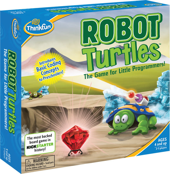 Robot Turtles board game by Thinkfun, featuring colorful turtles and gem pieces. The box displays vibrant artwork with a turtle navigating obstacles towards a red gem, designed for preschoolers to learn basic coding concepts.