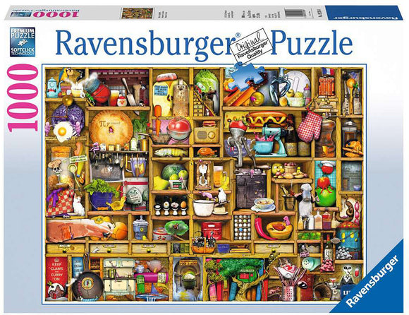 The Kitchen Cupboard Jigsaw Puzzle by Ravensburger displays a vibrant and detailed illustration of a wooden cupboard filled with various kitchen items, including pots, spices, fruits, and utensils. This 1000-piece puzzle encourages creativity and fun for puzzle enthusiasts of all ages.