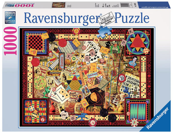 A colorful Ravensburger jigsaw puzzle featuring a collage of vintage games including board games, dice, playing cards, and other nostalgic game elements. The puzzle is designed with vibrant colors and intricate details that showcase various game types like dominoes, backgammon, and checkers, appealing to puzzle enthusiasts and vintage game lovers alike.