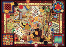 A vibrant vintage jigsaw puzzle featuring various classic board games and game pieces, including chess, checkers, dominoes, mahjong, and bingo. The design showcases nostalgic illustrations and game boards, capturing the essence of traditional gaming experiences.