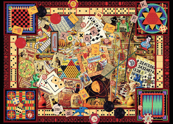 A vibrant vintage jigsaw puzzle featuring various classic board games and game pieces, including chess, checkers, dominoes, mahjong, and bingo. The design showcases nostalgic illustrations and game boards, capturing the essence of traditional gaming experiences.