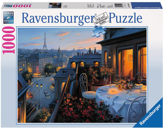 Ravensburger jigsaw puzzle titled 'Paris Balcony', featuring a picturesque evening scene with a view of the Eiffel Tower, a beautifully set table with candles and flowers on a balcony overlooking Parisian streets bathed in golden light.