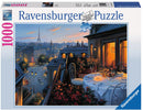 The Ravensburger jigsaw puzzle titled 'Paris Balcony' features a beautifully painted night scene of Paris from a balcony. It showcases a romantic dining setup with a table adorned with flowers and lit candles, overlooking charming streets illuminated by lampposts and the iconic Eiffel Tower in the distance. The artwork captures the essence of Parisian charm and elegance.