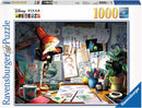 The Artist's Desk jigsaw puzzle by Ravensburger. The image shows a creative workspace filled with colorful sketches, art supplies, and a clock. A vibrant lamp illuminates the desk cluttered with drawings of Disney-Pixar characters and various art materials, providing an inspiring scene for puzzle enthusiasts and artists alike.