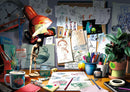 A vibrant workspace brimming with creative supplies. The scene features a red desk lamp illuminating a cluttered table filled with sketches, markers, paint, and a model figure. Various drawings are pinned to a corkboard, showcasing colorful character designs. A cup of coffee and a glass of water sit next to art materials, while a potted plant adds a touch of greenery to the artistic setting.