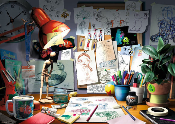 A vibrant workspace brimming with creative supplies. The scene features a red desk lamp illuminating a cluttered table filled with sketches, markers, paint, and a model figure. Various drawings are pinned to a corkboard, showcasing colorful character designs. A cup of coffee and a glass of water sit next to art materials, while a potted plant adds a touch of greenery to the artistic setting.