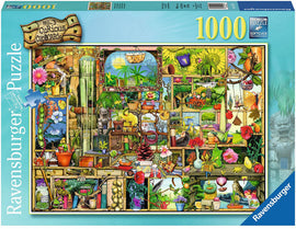 The Gardener's Cupboard jigsaw puzzle by Ravensburger features a vibrant, intricate illustration of a garden-themed cupboard filled with plants, pots, tools, and whimsical figures, showcasing various gardening elements and nature scenes. The puzzle includes 1000 pieces and uses premium Softclick technology for a seamless fit, making it perfect for puzzle enthusiasts.