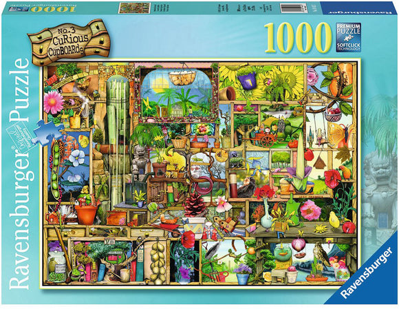 The Gardener's Cupboard jigsaw puzzle by Ravensburger featuring vibrant illustrations of gardening tools, plants, and whimsical garden scenes in a cluttered cupboard layout. A colorful and engaging 1000-piece puzzle perfect for garden lovers.