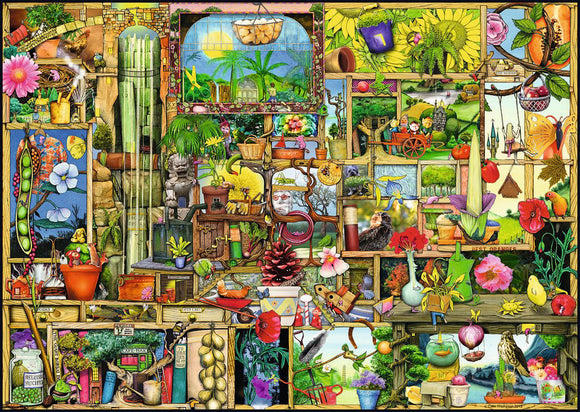 A vibrant jigsaw puzzle, 'The Gardener's Cupboard' by Ravensburger, features a rich garden scene filled with colorful flowers, plants, gardening tools, and whimsical creatures. The design is intricate with various elements including pots, a watering can, butterflies, and garden statues, creating a delightful and engaging image for puzzle enthusiasts.