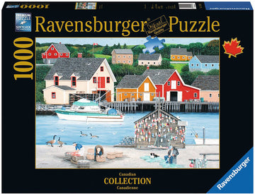 Ravensburger Fisherman's Cove jigsaw puzzle box featuring a vibrant scene of a fishing village with colorful houses, a dock, a boat, and people engaging in fishing activities. The box indicates it contains 1000 pieces and highlights premium quality and soft click technology for a perfect fit.