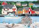 A picturesque jigsaw puzzle titled 'Fisherman's Cove' by Ravensburger, featuring a serene coastal village with colorful houses, a fishing boat, and geese by the water. The scene captures the tranquility of fishing life, showcasing wooden docks and a shed adorned with colorful buoys.